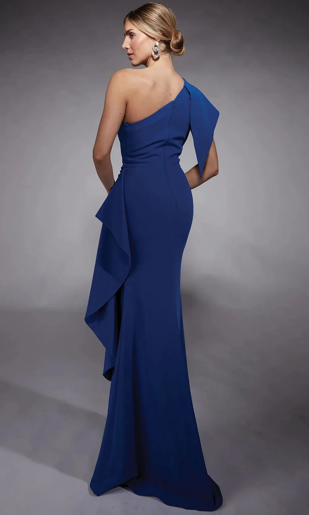 Blue Royal One - Shoulder Evening Dress with Asymmetric Ruffle Sleeve and Draped Side Detail for Glamorous Occasions