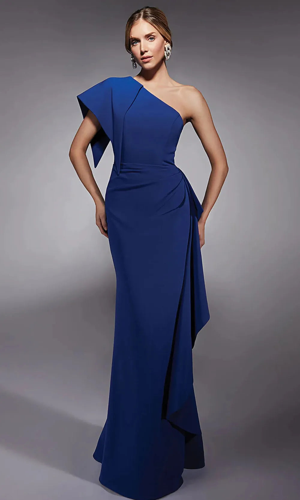 Blue Royal One - Shoulder Evening Dress with Asymmetric Ruffle Sleeve and Draped Side Detail for Glamorous Occasions
