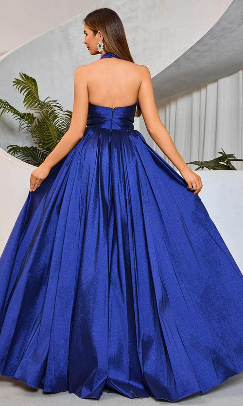Blue Royal Halter NeckEvening Dresses with Draped Bodice and High Side Slit Perfect for Formal Galas and Prom Nights