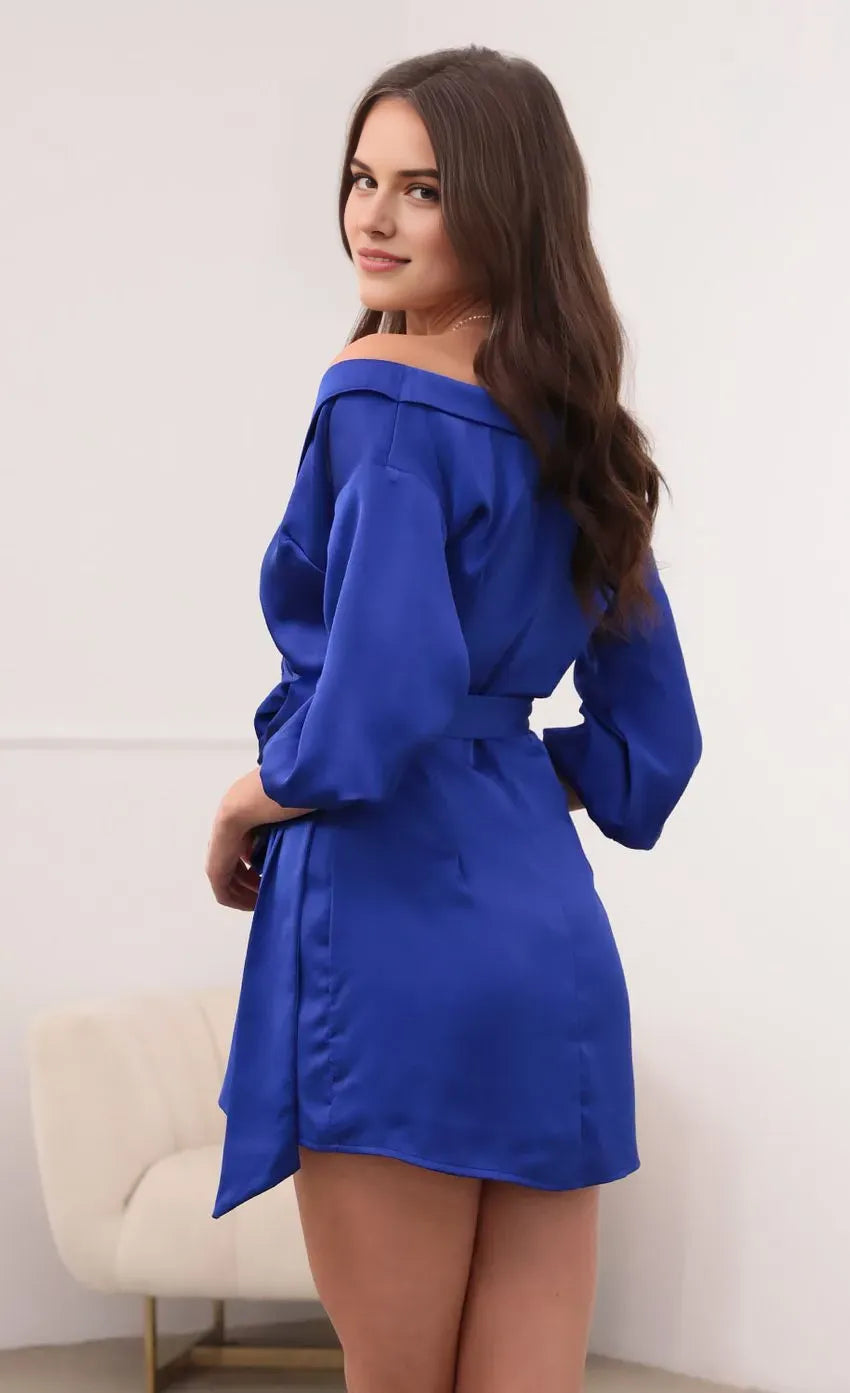 Blue Royal Off Shoulder Homecoming Dress with Wrap Design Puff Sleeves Side Tie Perfect for School Dances