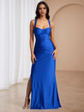 Blue Royal Prom Dress Halter Neck High Slit Bold Glam for Spotlight Loving Dances