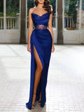 Blue Royal Prom Dress Strapless Neckline Sheer Waist Panel High Side Slit