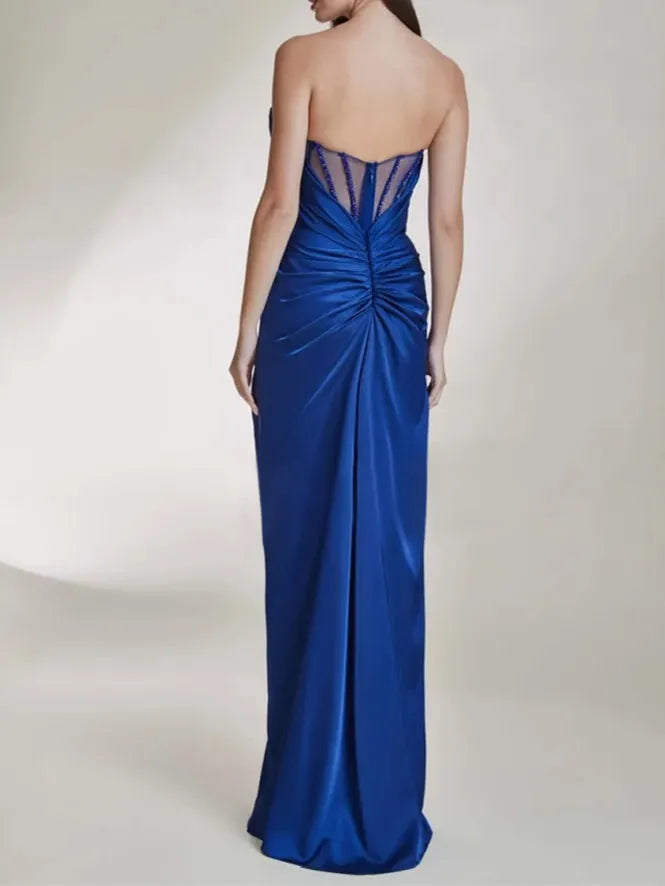 Blue Royal Prom Dress Strapless Neckline Sheer Waist Panel High Side Slit