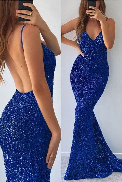 Blue Royal Sequins Mermaid Evening Dress V-Neck Sleeveless With Slit