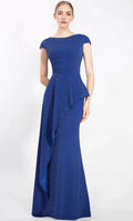 Blue Royal Shimmering Evening Gown with Cap Sleeves Peplum Waist and Asymmetric Ruffle Detail for Formal Occasions