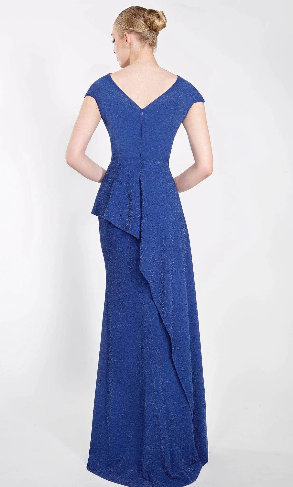 Blue Royal Shimmering Evening Gown with Cap Sleeves Peplum Waist and Asymmetric Ruffle Detail for Formal Occasions