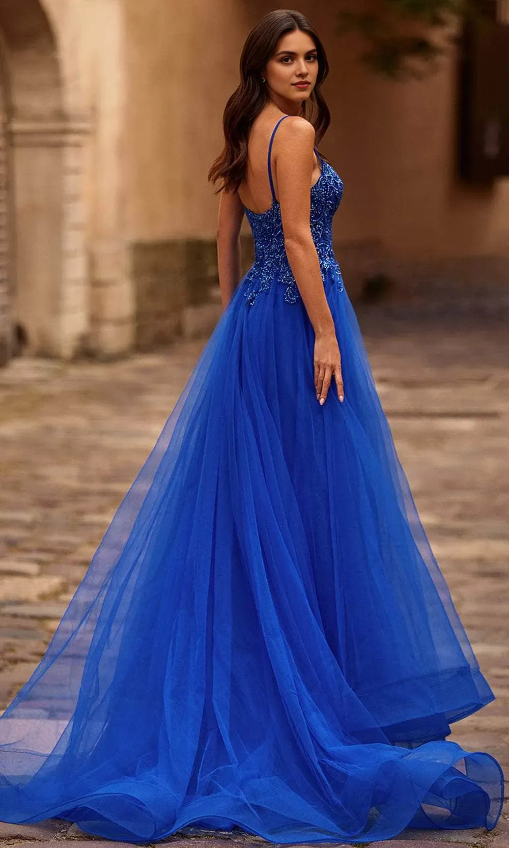 Blue Royal Prom Dress with Bodice High Slit Timeless Grace for Formal Galas
