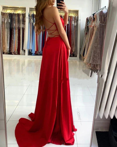 Red Ruby Chic High split Court Train Long evening Dress
