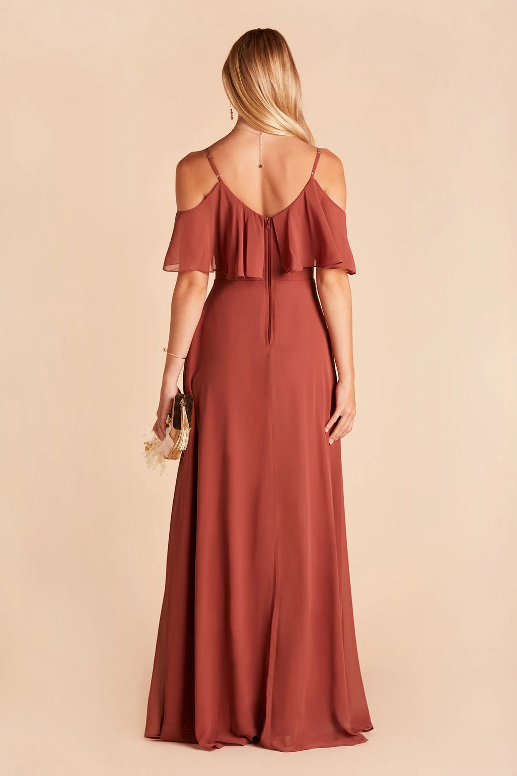 Rust Cold Shoulder Prom Dress with Ruffled Bodice Side Slit French Riviera Inspired Gown for Effortless Formal Elegance