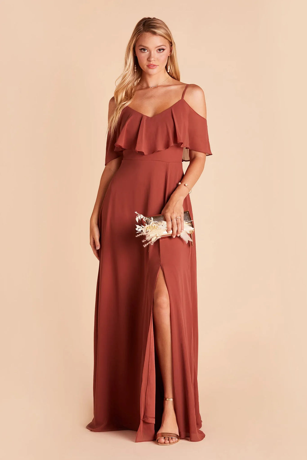 Rust Cold Shoulder Prom Dress with Ruffled Bodice Side Slit French Riviera Inspired Gown for Effortless Formal Elegance