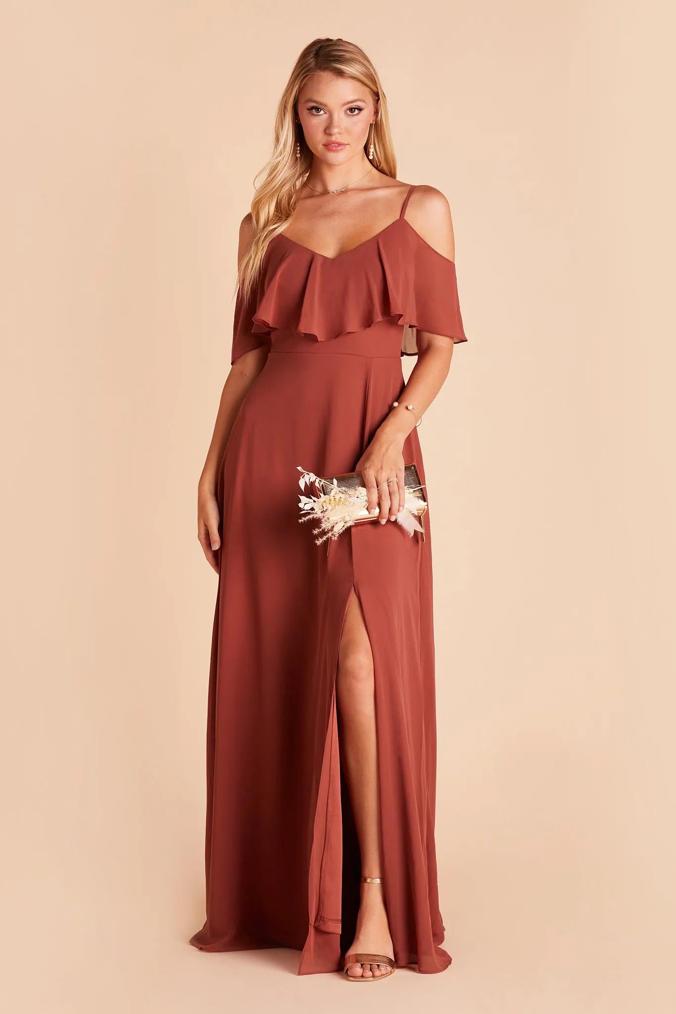 Rust Cold Shoulder Prom Dress with Ruffled Bodice Side Slit French Riviera Inspired Gown for Effortless Formal Elegance