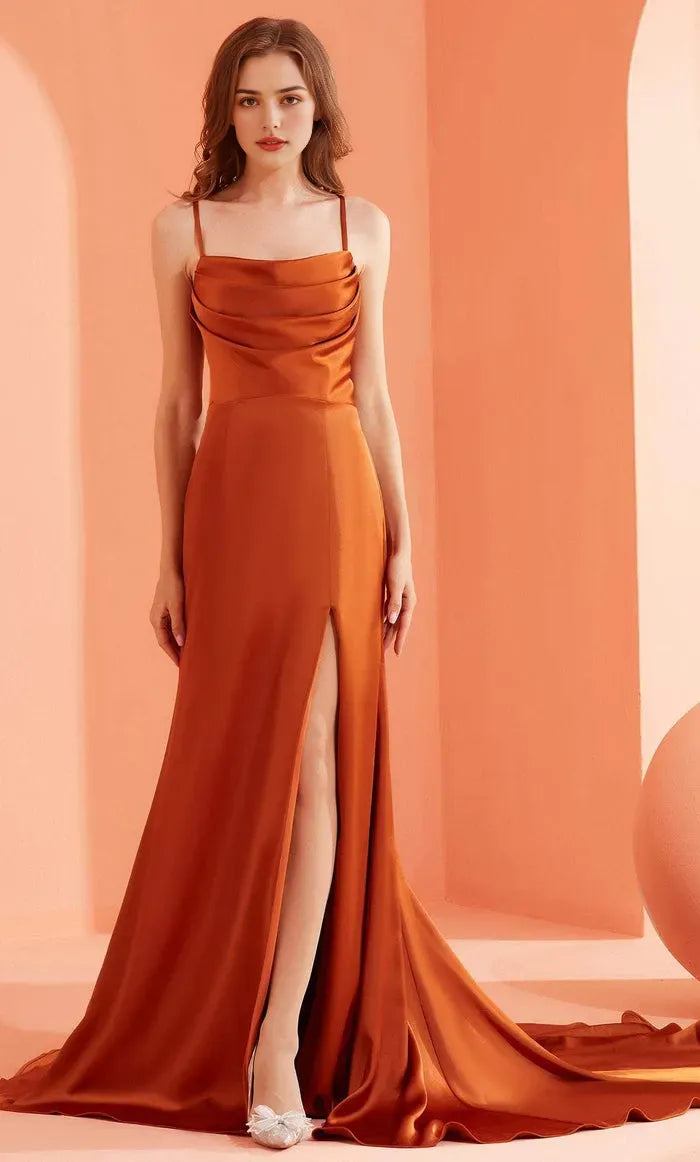 Orange Rust Evening Dress with Cowl Neckline Spaghetti Straps High Thigh Slit and Train for Glamorous