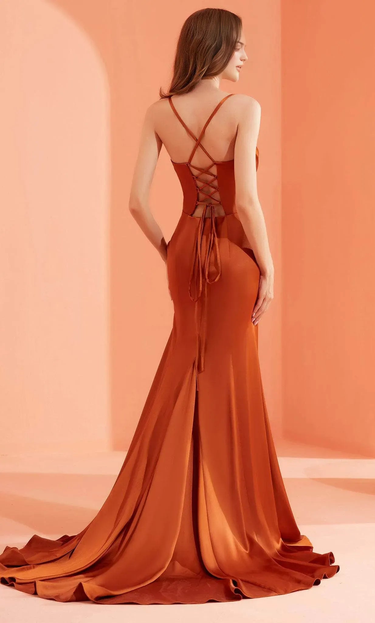 Orange Rust Evening Dress with Cowl Neckline Spaghetti Straps High Thigh Slit and Train for Glamorous