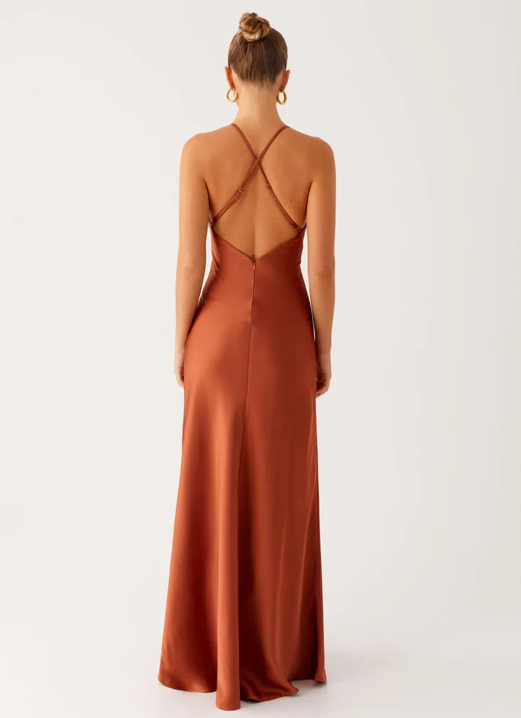 Rust Prom Dress with Plunging V - Neck Halter Straps Keyhole Detail Floor - Length Silhouette Perfect for Formal Galas