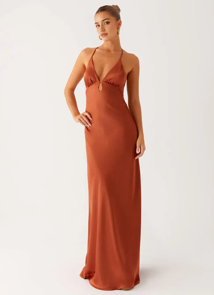 Rust Prom Dress with Plunging V - Neck Halter Straps Keyhole Detail Floor - Length Silhouette Perfect for Formal Galas