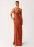Rust Prom Dress with Plunging V - Neck Halter Straps Keyhole Detail Floor - Length Silhouette Perfect for Formal Galas