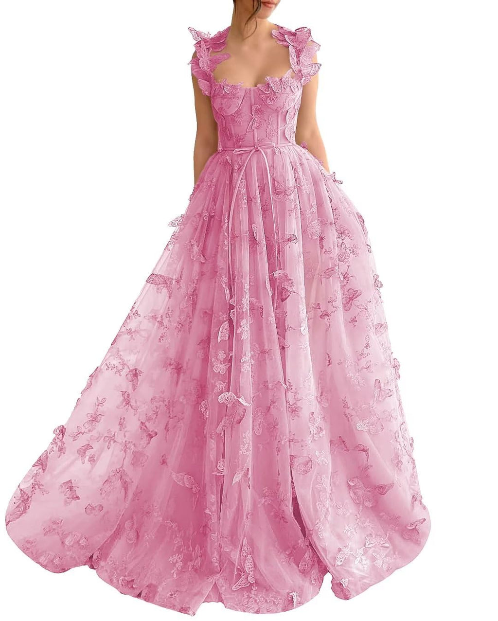 Long Prom Dress with 3D Butterflies Dress Ball Gown Evening Party Wedding Formal Dress Slit