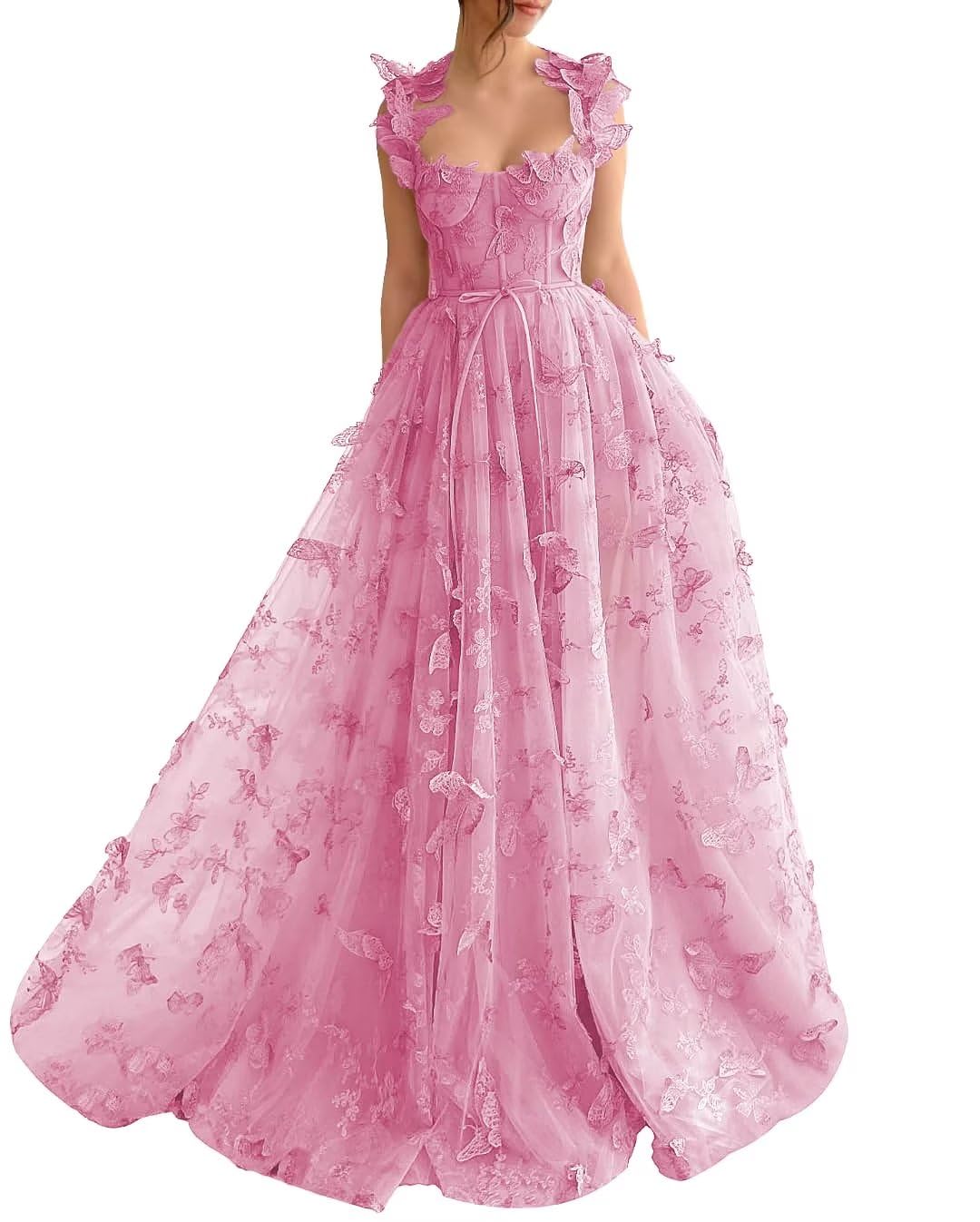 Long Prom Dress with 3D Butterflies Dress Ball Gown Evening Party Wedding Formal Dress Slit
