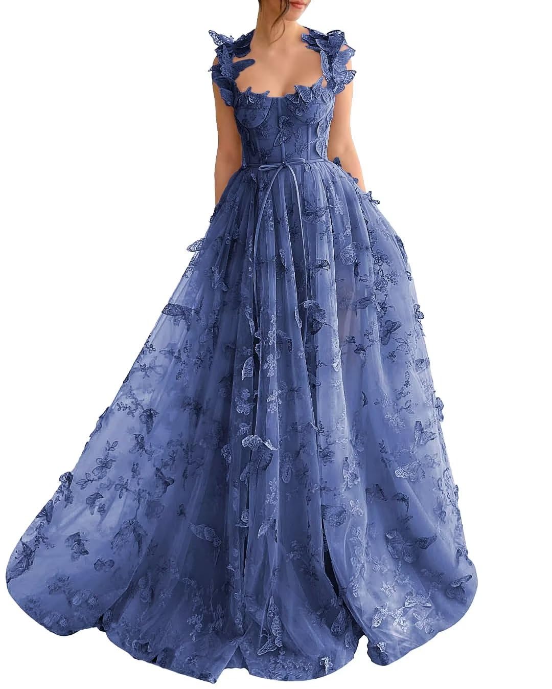 Long Prom Dress with 3D Butterflies Dress Ball Gown Evening Party Wedding Formal Dress Slit