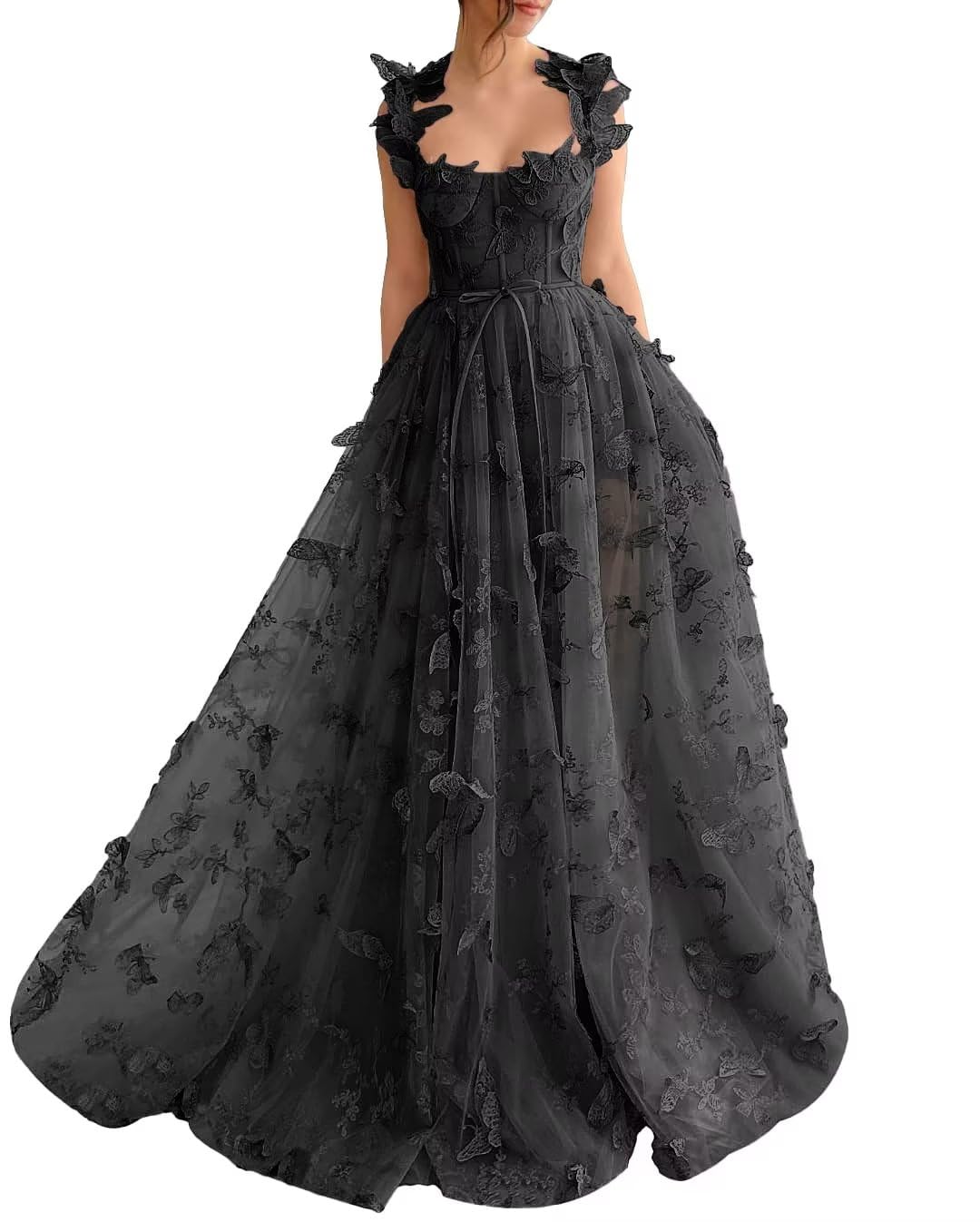 Long Prom Dress with 3D Butterflies Dress Ball Gown Evening Party Wedding Formal Dress Slit