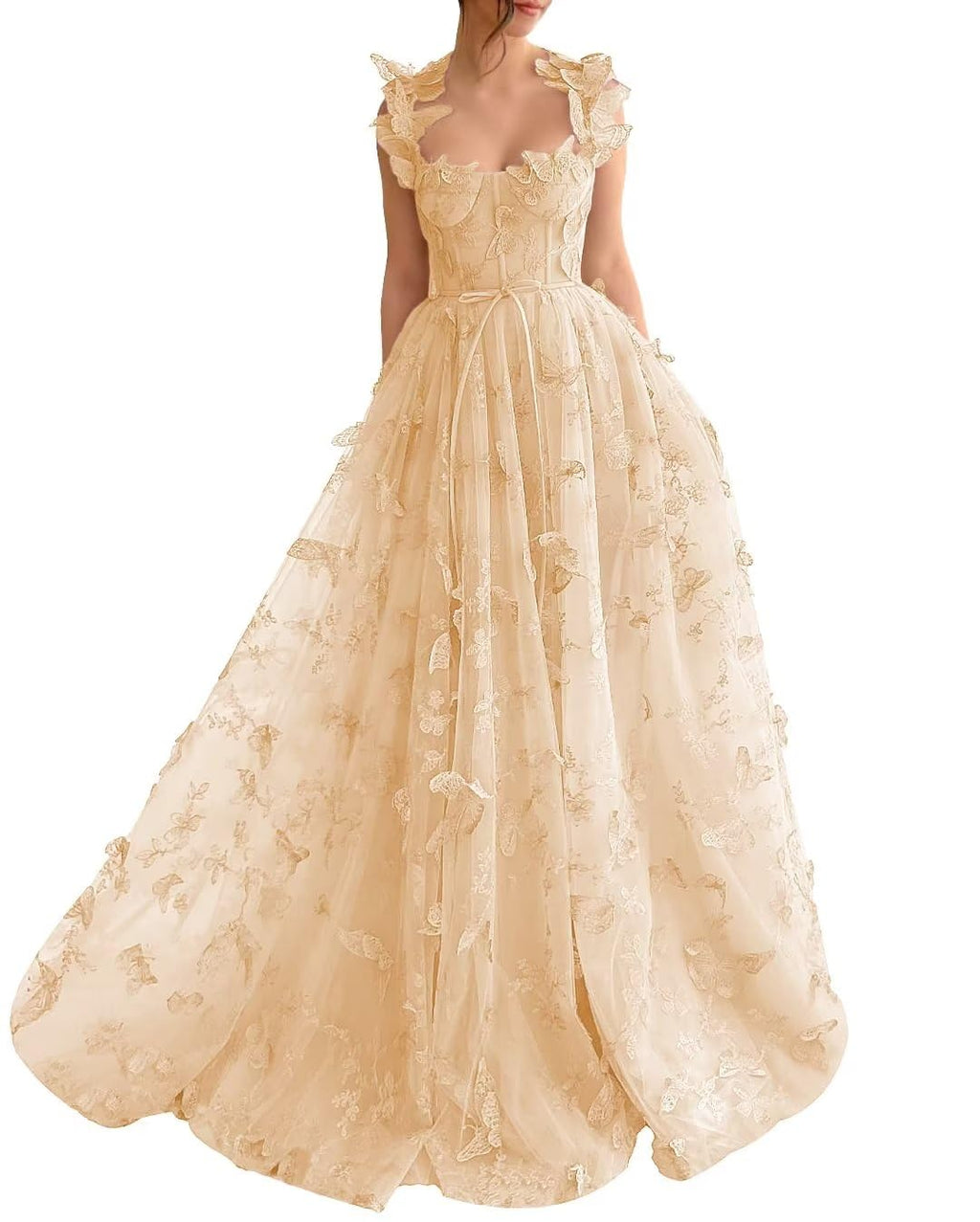 Long Prom Dress with 3D Butterflies Dress Ball Gown Evening Party Wedding Formal Dress Slit