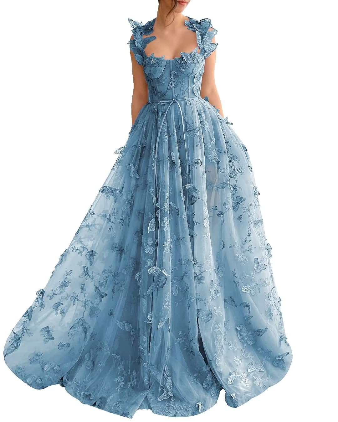 Long Prom Dress with 3D Butterflies Dress Ball Gown Evening Party Wedding Formal Dress Slit