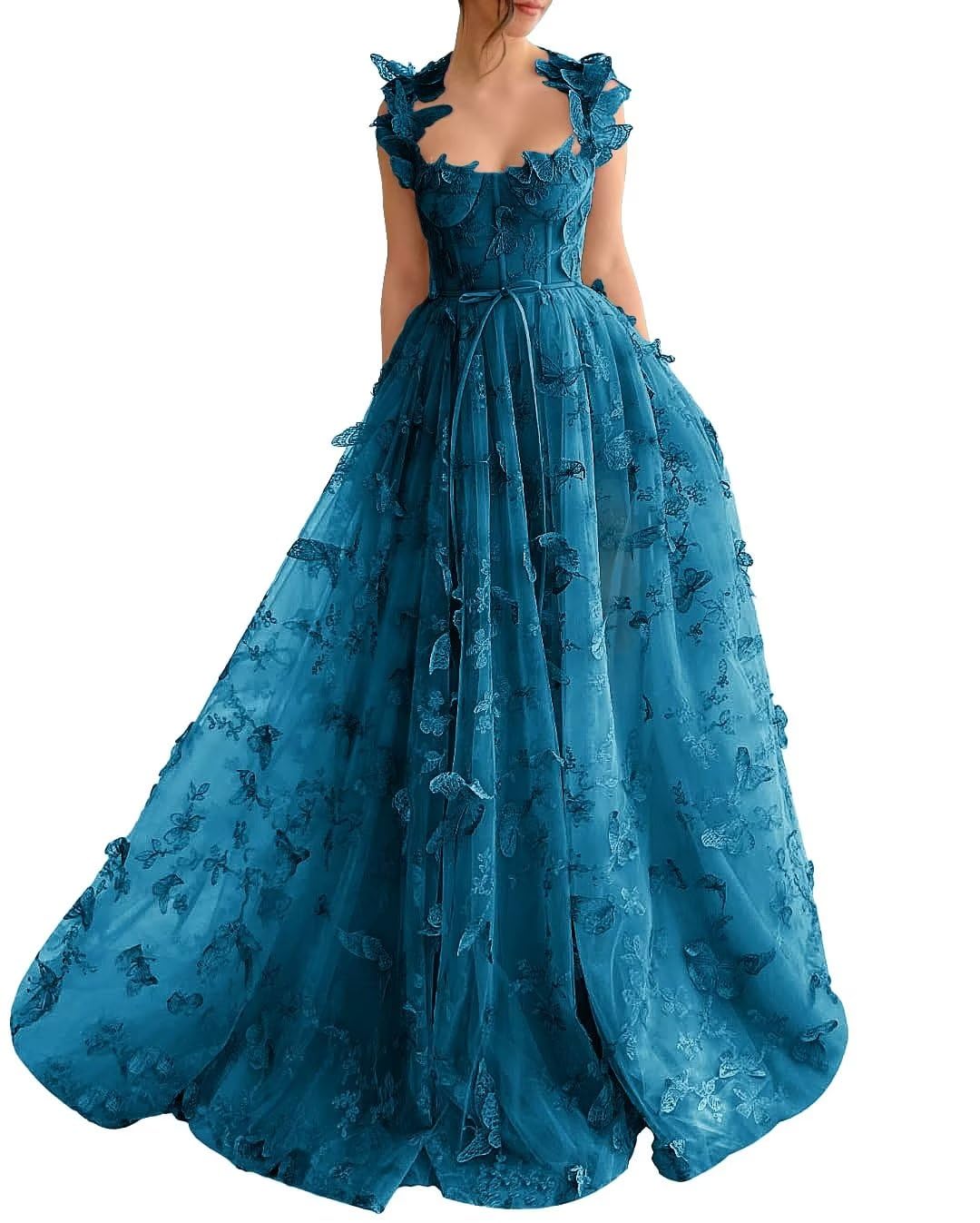 Long Prom Dress with 3D Butterflies Dress Ball Gown Evening Party Wedding Formal Dress Slit