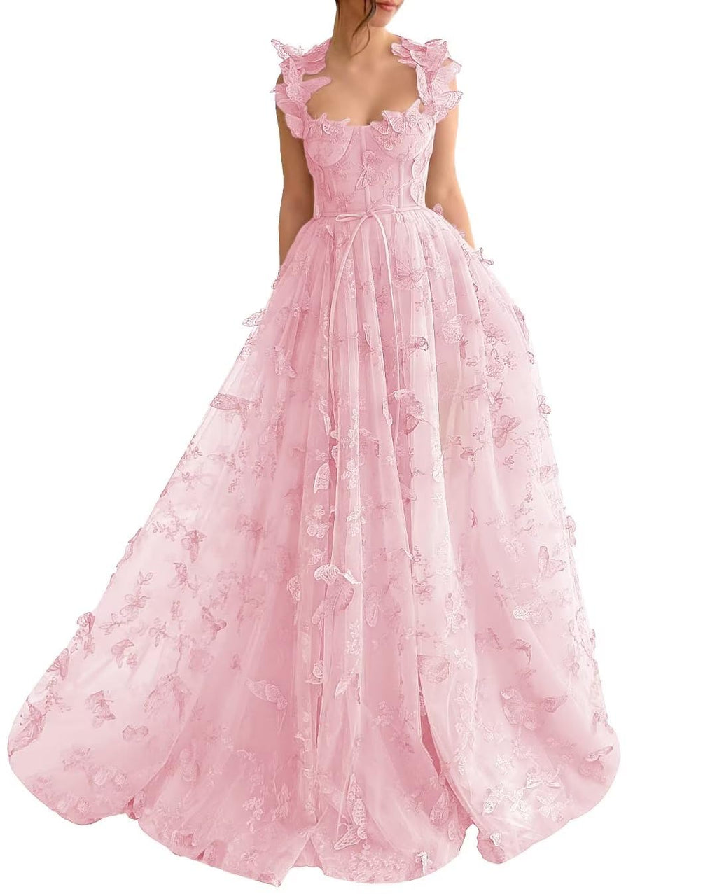 Long Prom Dress with 3D Butterflies Dress Ball Gown Evening Party Wedding Formal Dress Slit