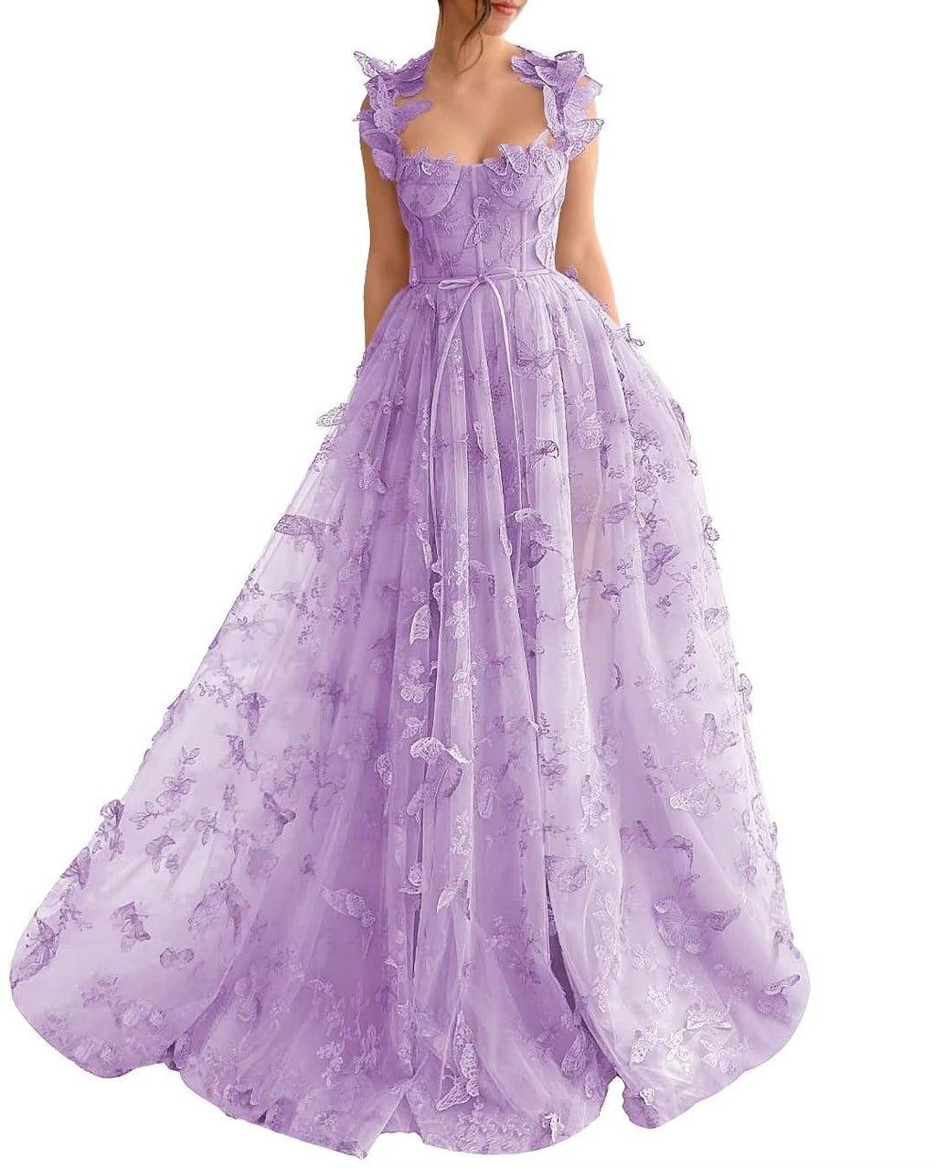 Long Prom Dress with 3D Butterflies Dress Ball Gown Evening Party Wedding Formal Dress Slit
