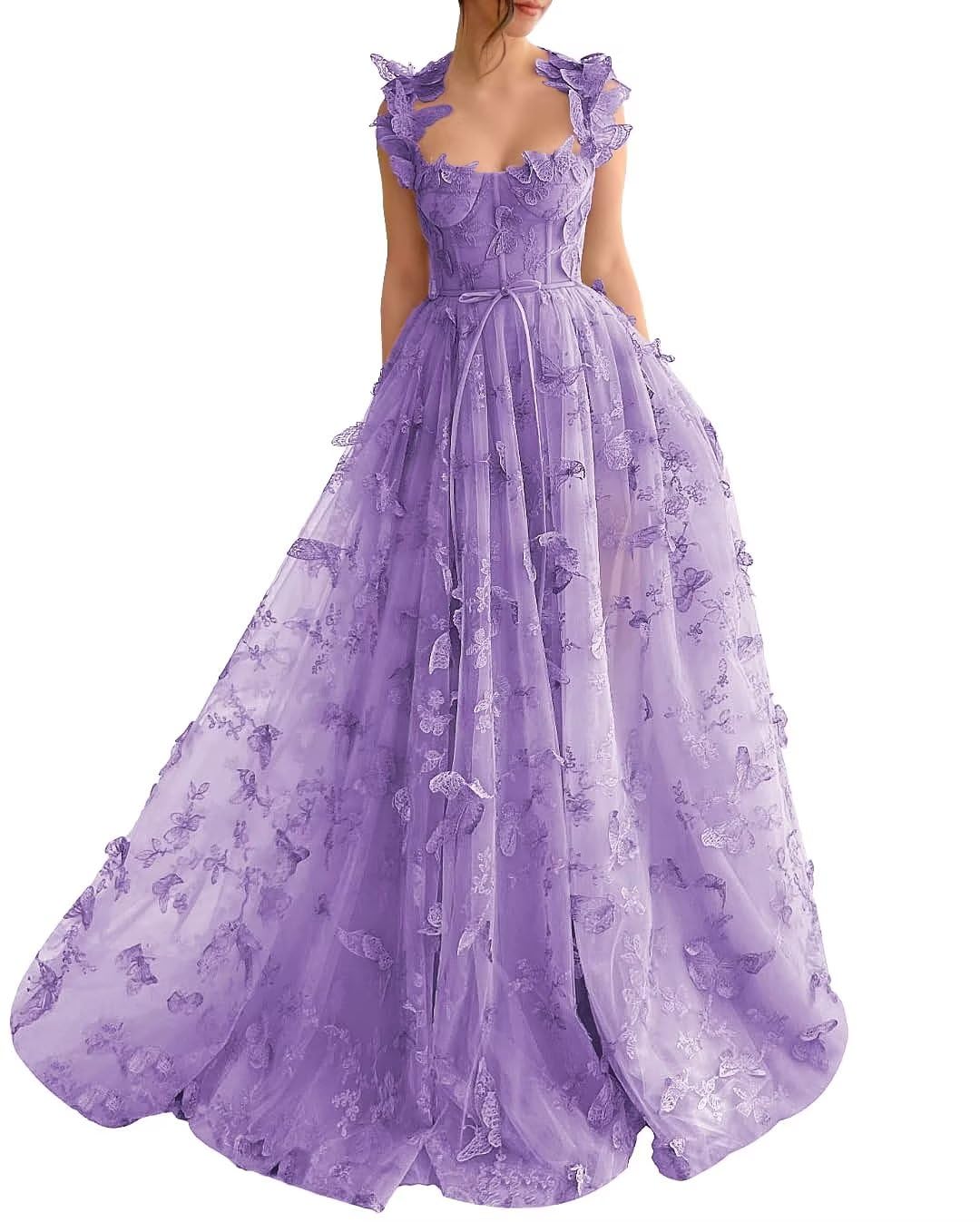 Long Prom Dress with 3D Butterflies Dress Ball Gown Evening Party Wedding Formal Dress Slit
