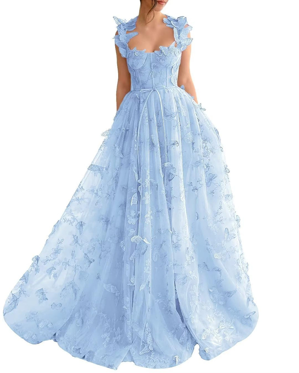 Long Prom Dress with 3D Butterflies Dress Ball Gown Evening Party Wedding Formal Dress Slit