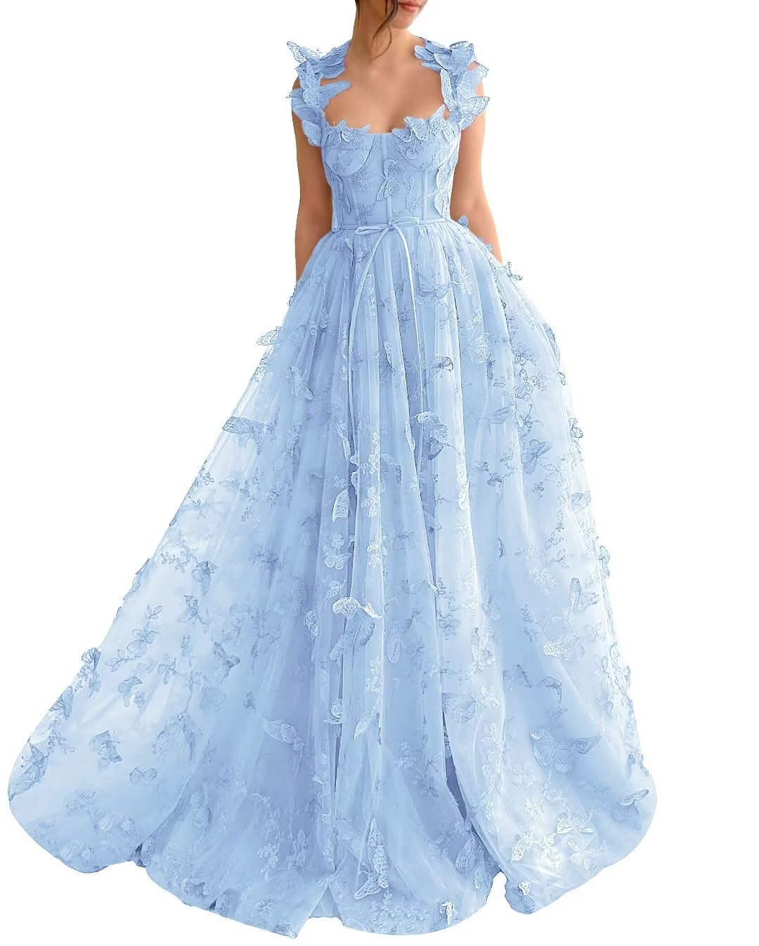 Long Prom Dress with 3D Butterflies Dress Ball Gown Evening Party Wedding Formal Dress Slit