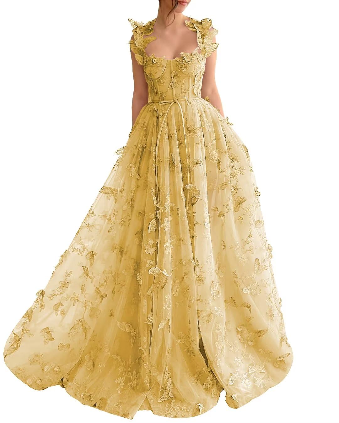 Long Prom Dress with 3D Butterflies Dress Ball Gown Evening Party Wedding Formal Dress Slit