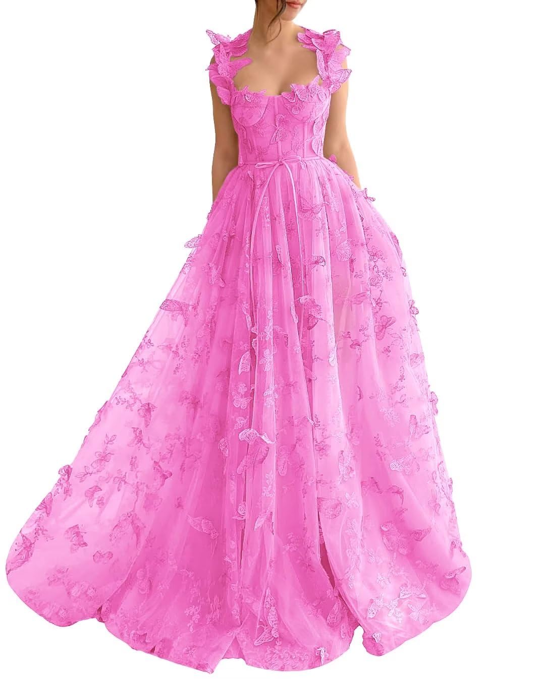 Long Prom Dress with 3D Butterflies Dress Ball Gown Evening Party Wedding Formal Dress Slit