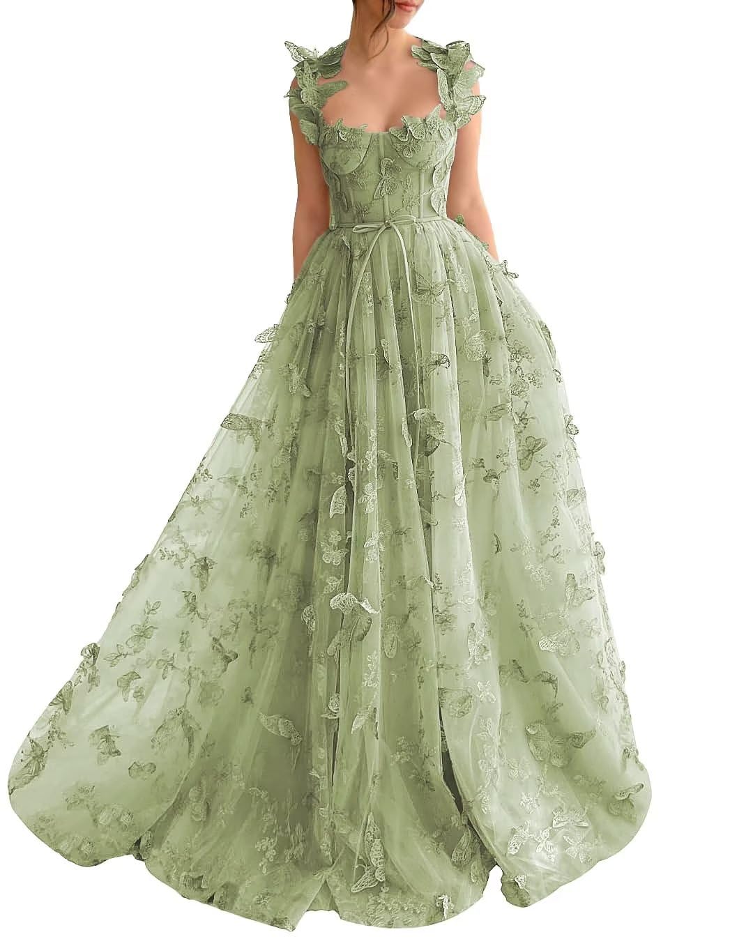 Long Prom Dress with 3D Butterflies Dress Ball Gown Evening Party Wedding Formal Dress Slit