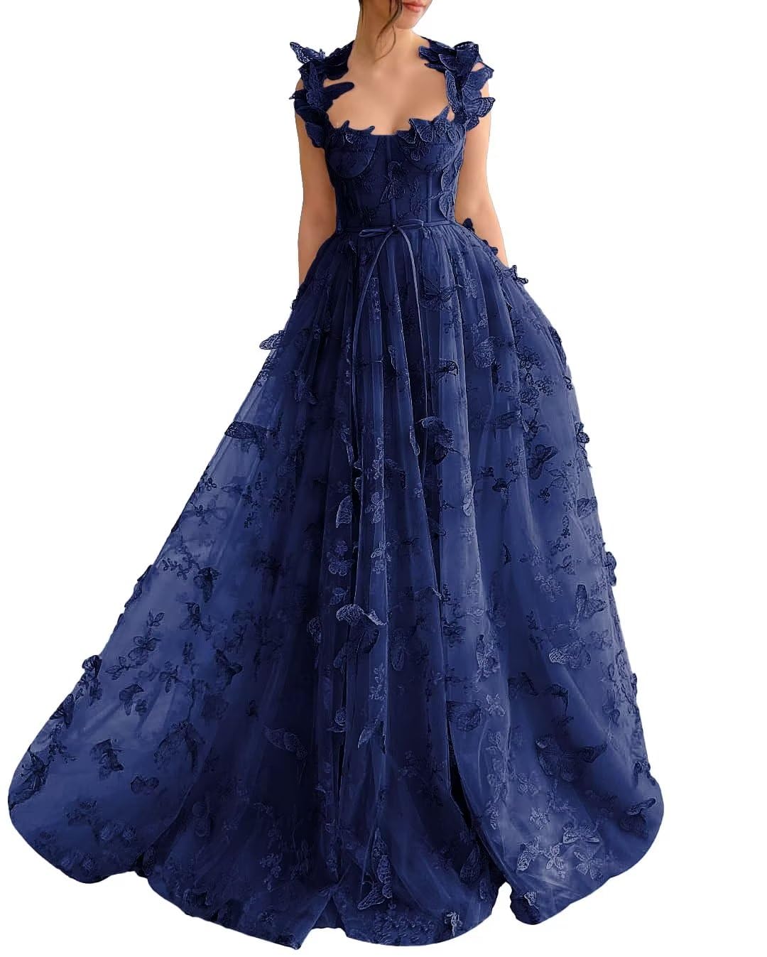 Long Prom Dress with 3D Butterflies Dress Ball Gown Evening Party Wedding Formal Dress Slit