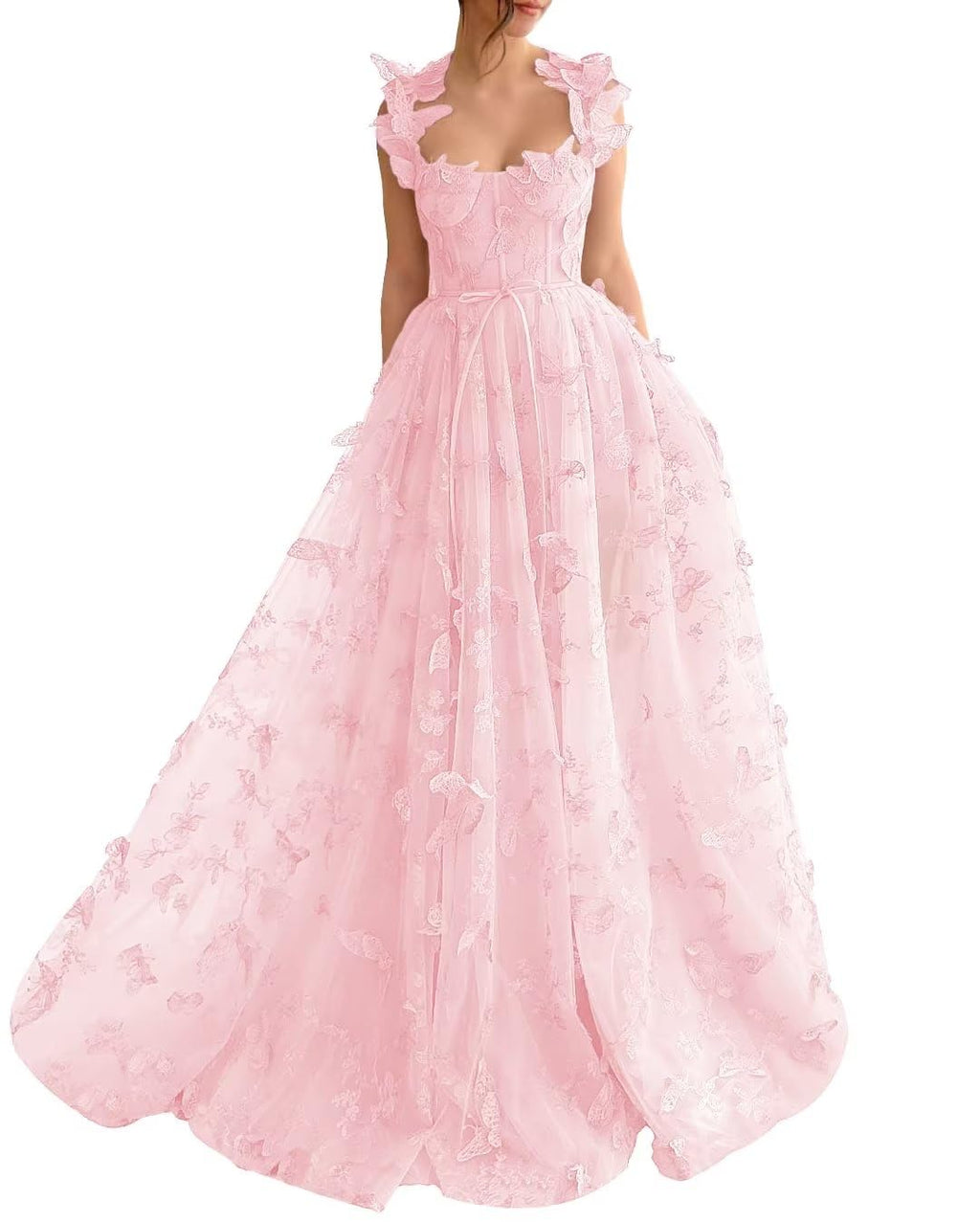 Long Prom Dress with 3D Butterflies Dress Ball Gown Evening Party Wedding Formal Dress Slit