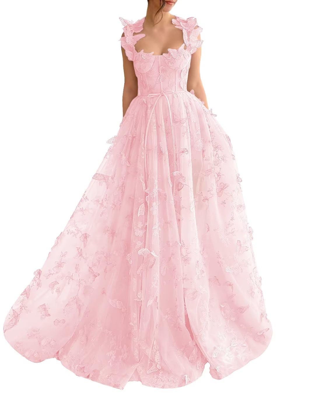 Long Prom Dress with 3D Butterflies Dress Ball Gown Evening Party Wedding Formal Dress Slit