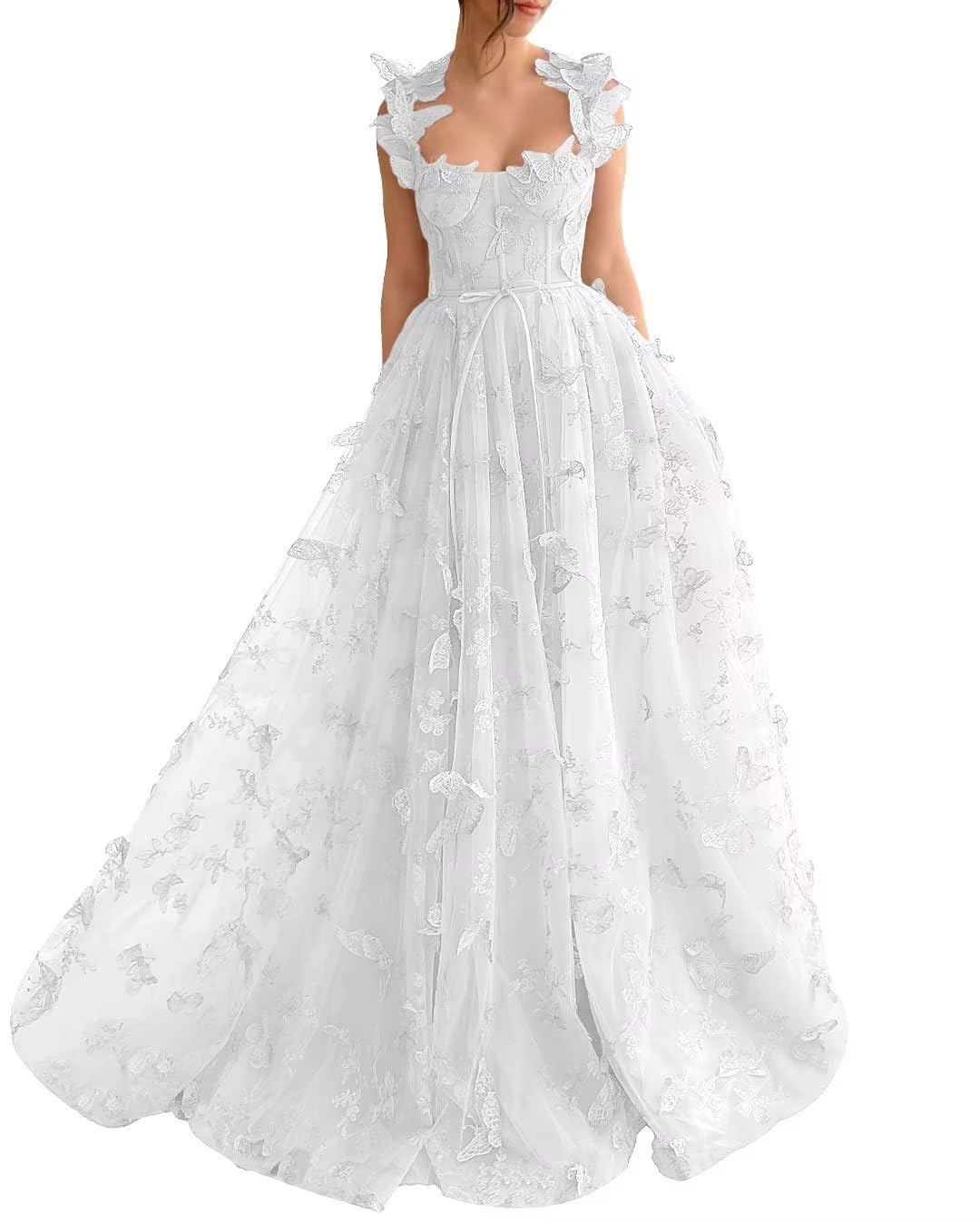 Long Prom Dress with 3D Butterflies Dress Ball Gown Evening Party Wedding Formal Dress Slit