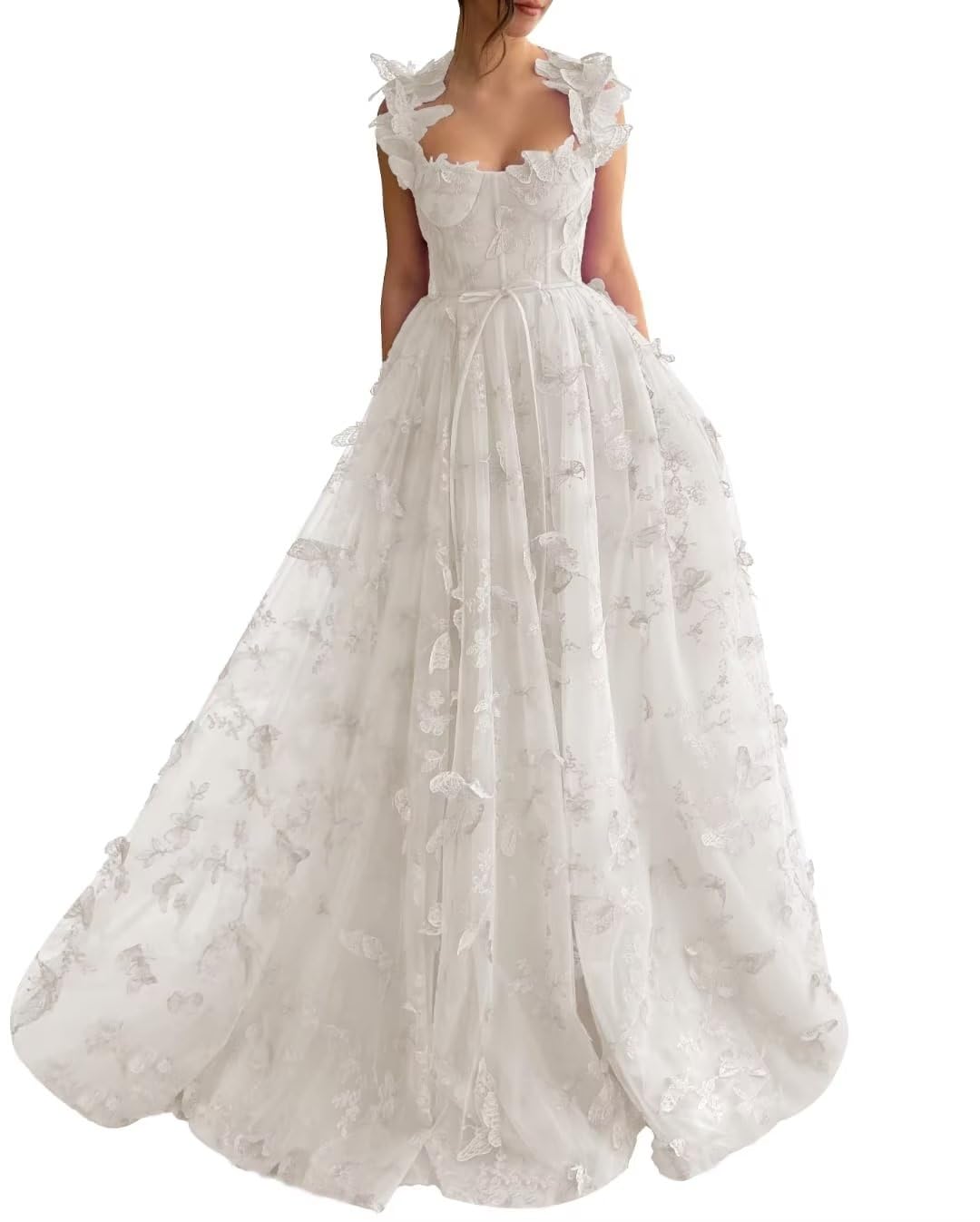 Long Prom Dress with 3D Butterflies Dress Ball Gown Evening Party Wedding Formal Dress Slit