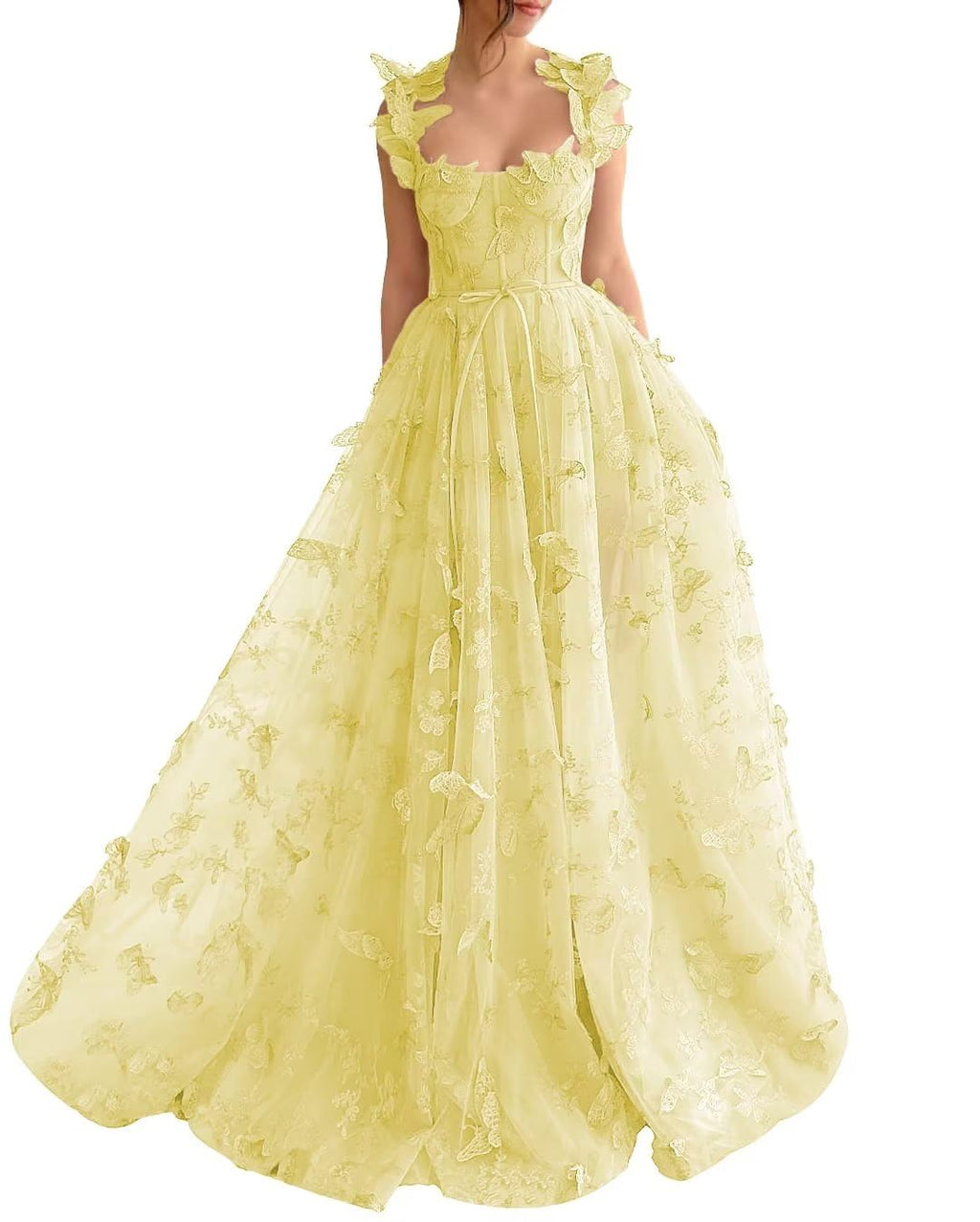 Long Prom Dress with 3D Butterflies Dress Ball Gown Evening Party Wedding Formal Dress Slit