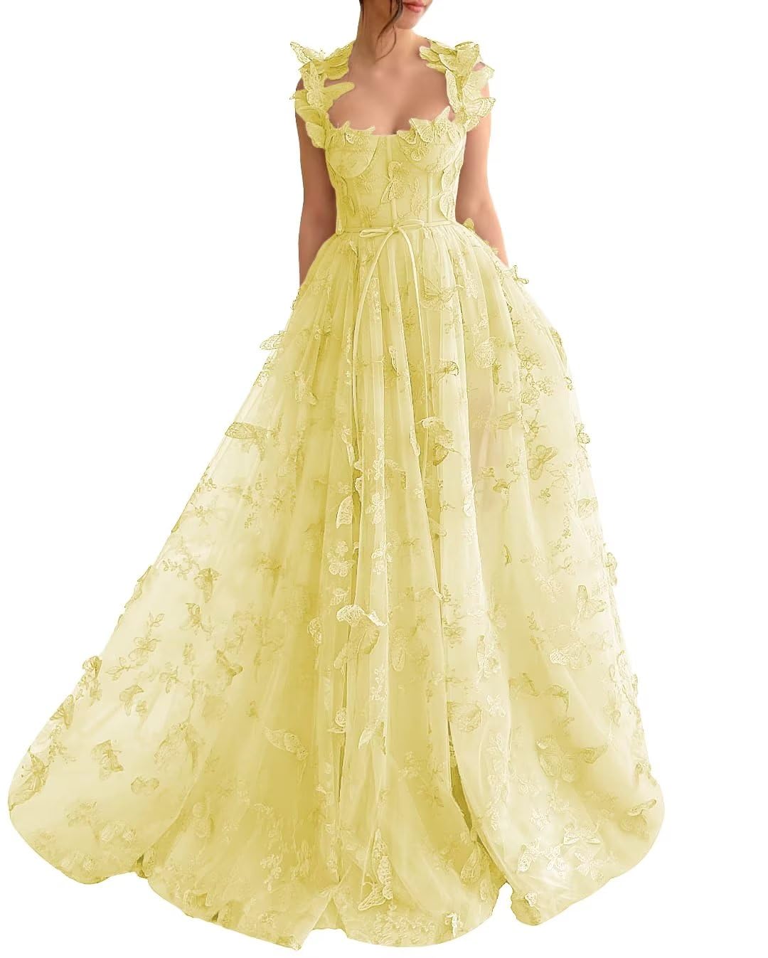 Long Prom Dress with 3D Butterflies Dress Ball Gown Evening Party Wedding Formal Dress Slit