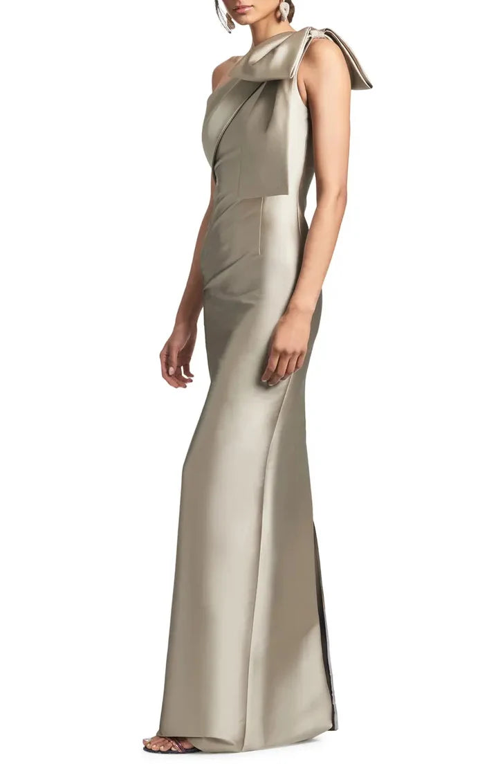 Champagne One-Shoulder Bow-Detail Mermaid Floor-Length Evening Dress
