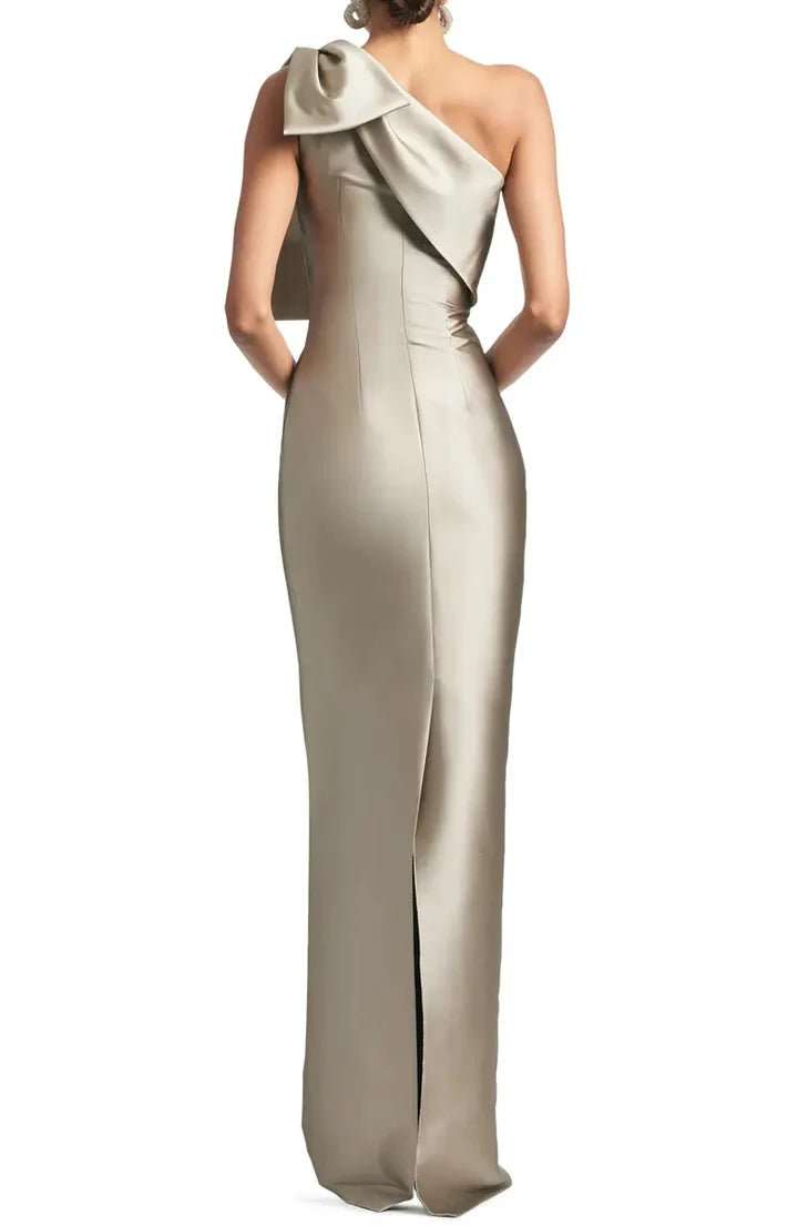 Champagne One-Shoulder Bow-Detail Mermaid Floor-Length Evening Dress