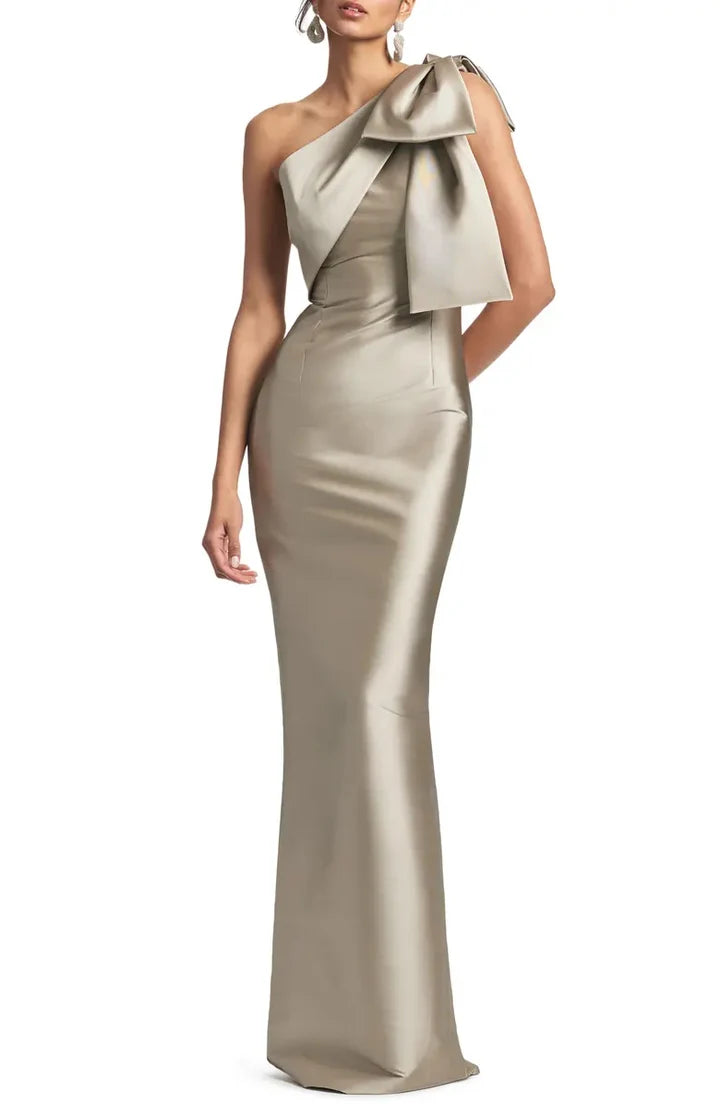 Champagne One-Shoulder Bow-Detail Mermaid Floor-Length Evening Dress