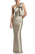 Champagne One-Shoulder Bow-Detail Mermaid Floor-Length Evening Dress