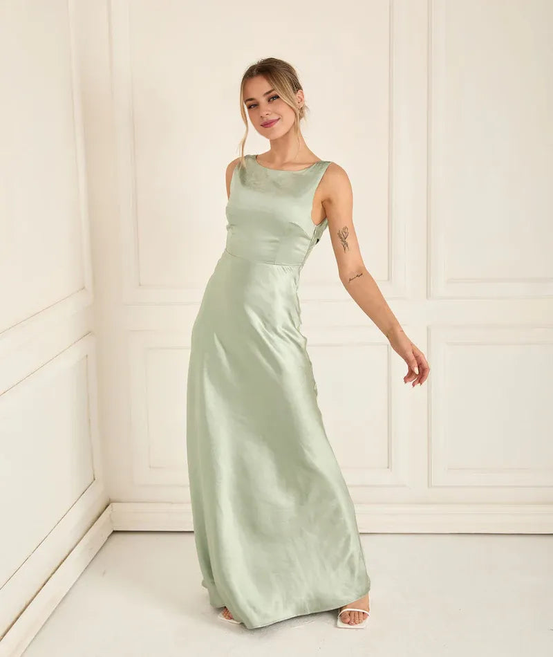 Special Occasion Sophisticated Graceful Stylish Elegant Champagne Satin Cowl Sleeveless Bridesmaid Dress