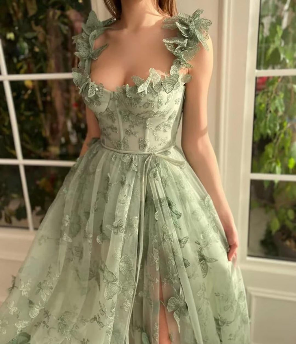 Long Prom Dress with 3D Butterflies Dress Ball Gown Evening Party Wedding Formal Dress Slit