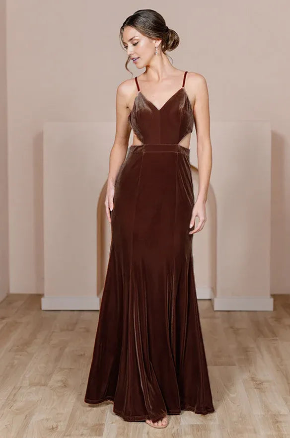 Timeless Special Occasion Elegant Chocolate Brown Velvet A-Line Sleeveless Floor-Length Prom Dress