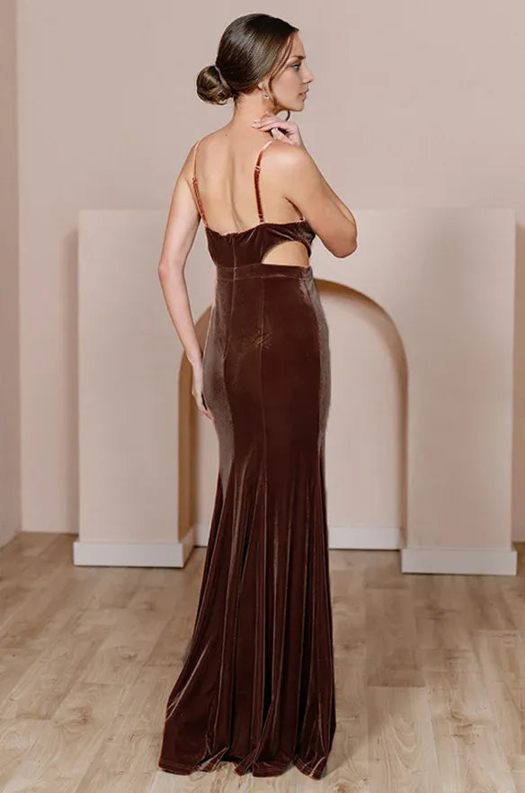 Timeless Special Occasion Elegant Chocolate Brown Velvet A-Line Sleeveless Floor-Length Prom Dress